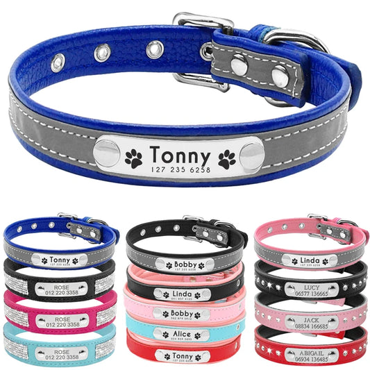 Custom Leather Dog Cat Collar Personalized Rhinestone Puppy Collar Engraved Pet Collars for Small Medium Dogs Pitbull Yorkie